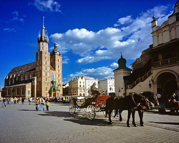 Krakow main square with horse carriage on a sunny day