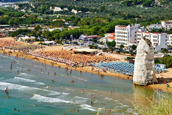 Vieste Gargano. Apulia Puglia Italy. Monolith Pizzomunno and beach