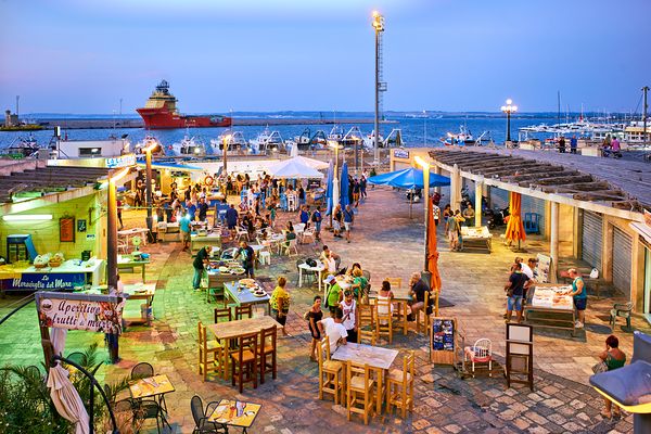 Salento. Apulia Puglia Italy. Gallipoli. Fish restaurants at the harbour