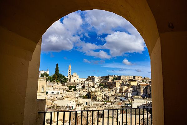 Matera Basilicata Italy. Framed view of the old town. I sassi di Matera