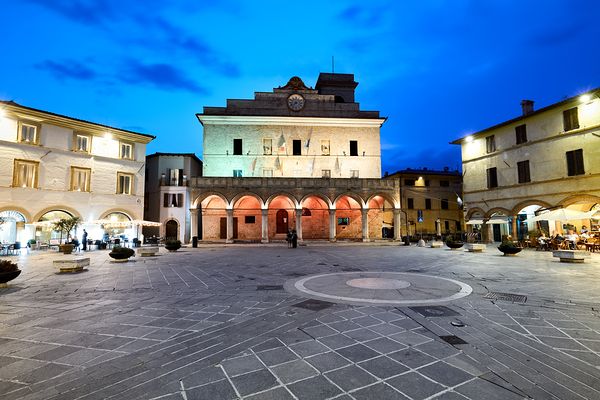 Montefalco Umbria Italy. Piazza del Comune at sunset