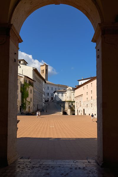 Spoleto Umbria Italy. Piazza del Duomo the theatre and Chiesa di SantEufemia