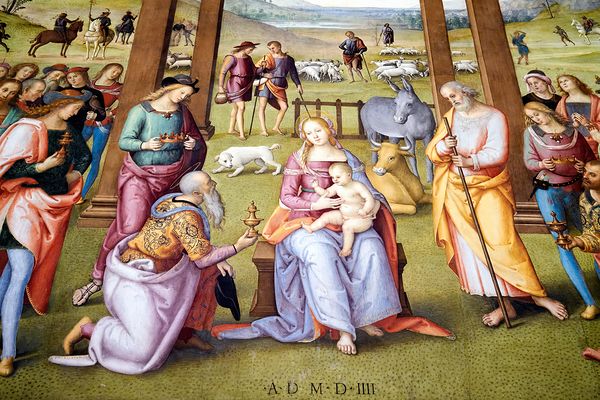 Città della Pieve Umbria Italy. Santa Maria dei Bianchi church. Adoration of the Magi fresco by Perugino