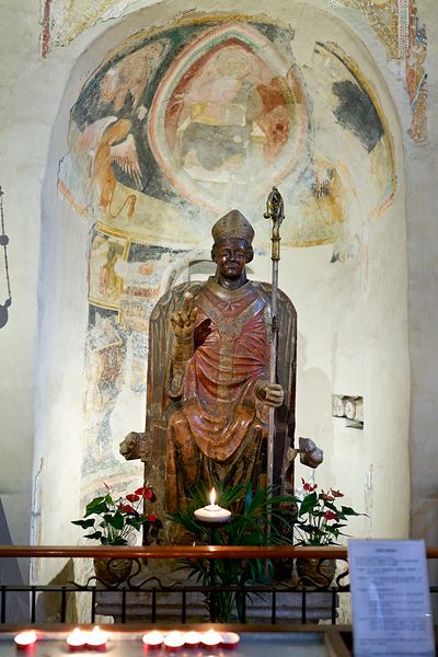 Verona Veneto Italy. The Basilica of San Zeno. The statue of smiling San Zeno