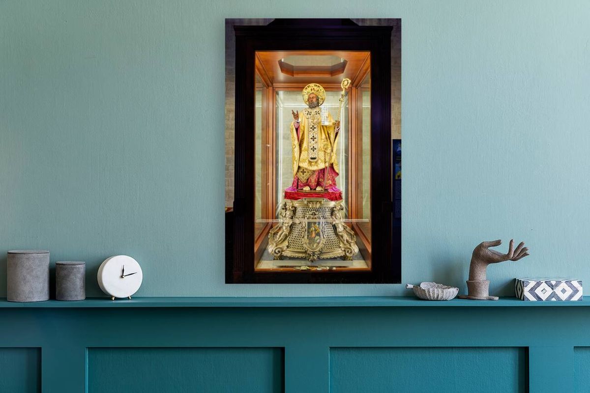 Apulia Puglia Italy. Bari. The Pontifical Basilica of Saint Nicholas. The statue of the Saint