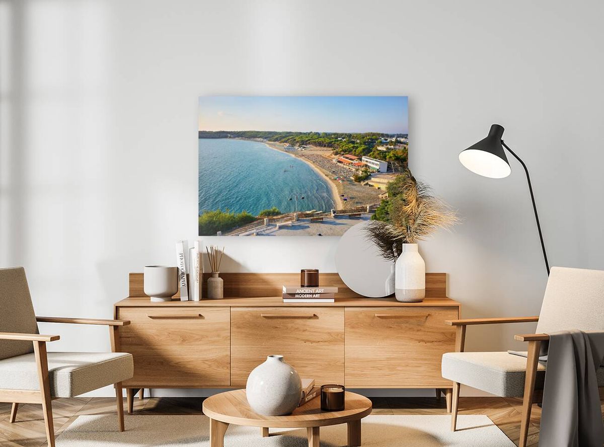 Apulia Puglia Salento. Italy. Torre dellOrso. Melendugno. Aerial view of the beach early morning