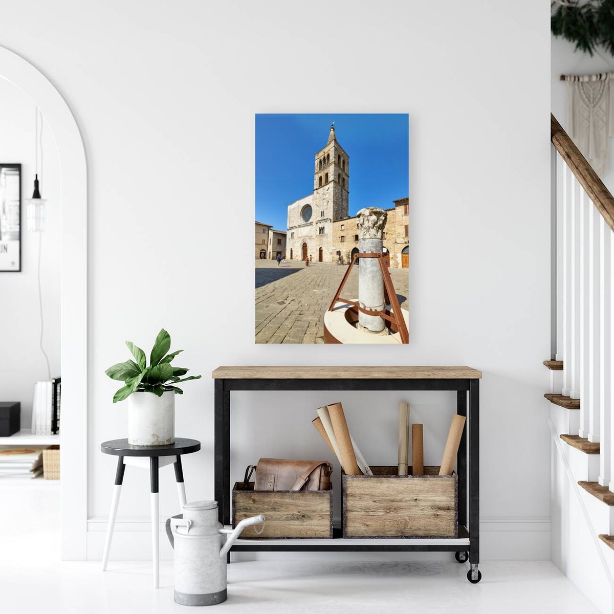 Bevagna Umbria Italy. San Michele Arcangelo church and roman column in San Silvestro square