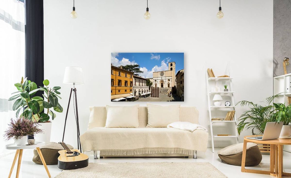 Todi Umbria Italy. Concattedrale della Santissima Annunziata. Cathedral. Piazza del Popolo. The statue Quattro Stele by Arnaldo Pomodoro