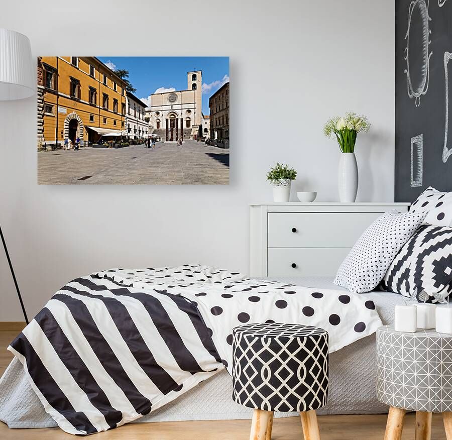 Todi Umbria Italy. Concattedrale della Santissima Annunziata. Cathedral. Piazza del Popolo. The statue Quattro Stele by Arnaldo Pomodoro