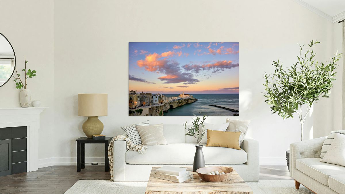 Vieste Gargano. Apulia Puglia Italy. Cape San Francesco and San Francesco church at sunset