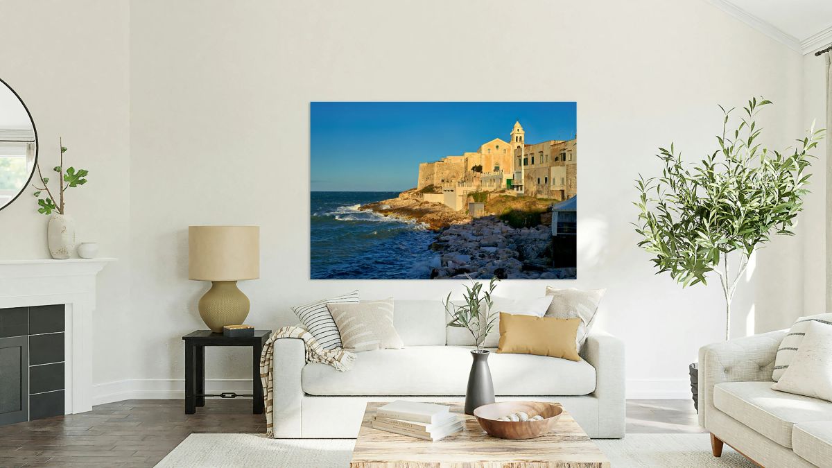 Vieste Gargano. Apulia Puglia Italy. Cape San Francesco and San Francesco church at dusk