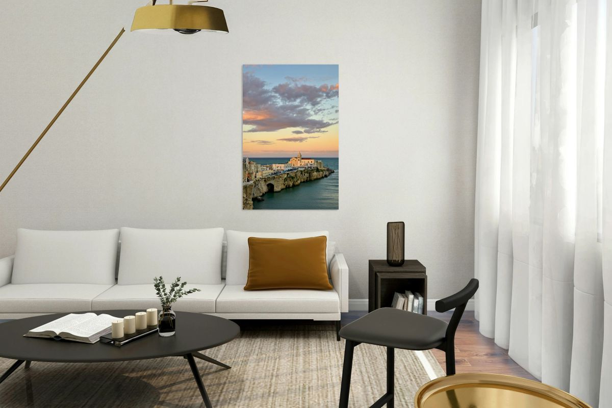 Vieste Gargano. Apulia Puglia Italy. Cape San Francesco and San Francesco church at sunset