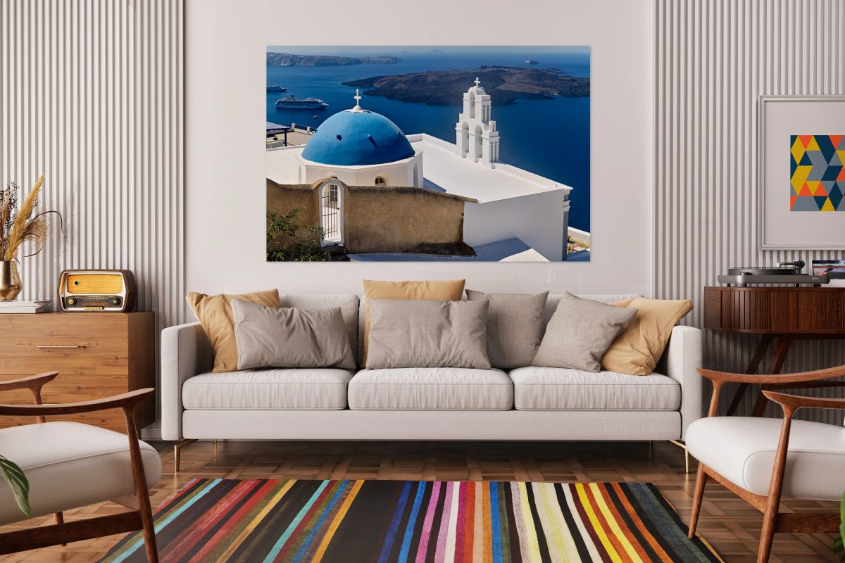 Santorini blue dome church bell tower caldera cruise ships.