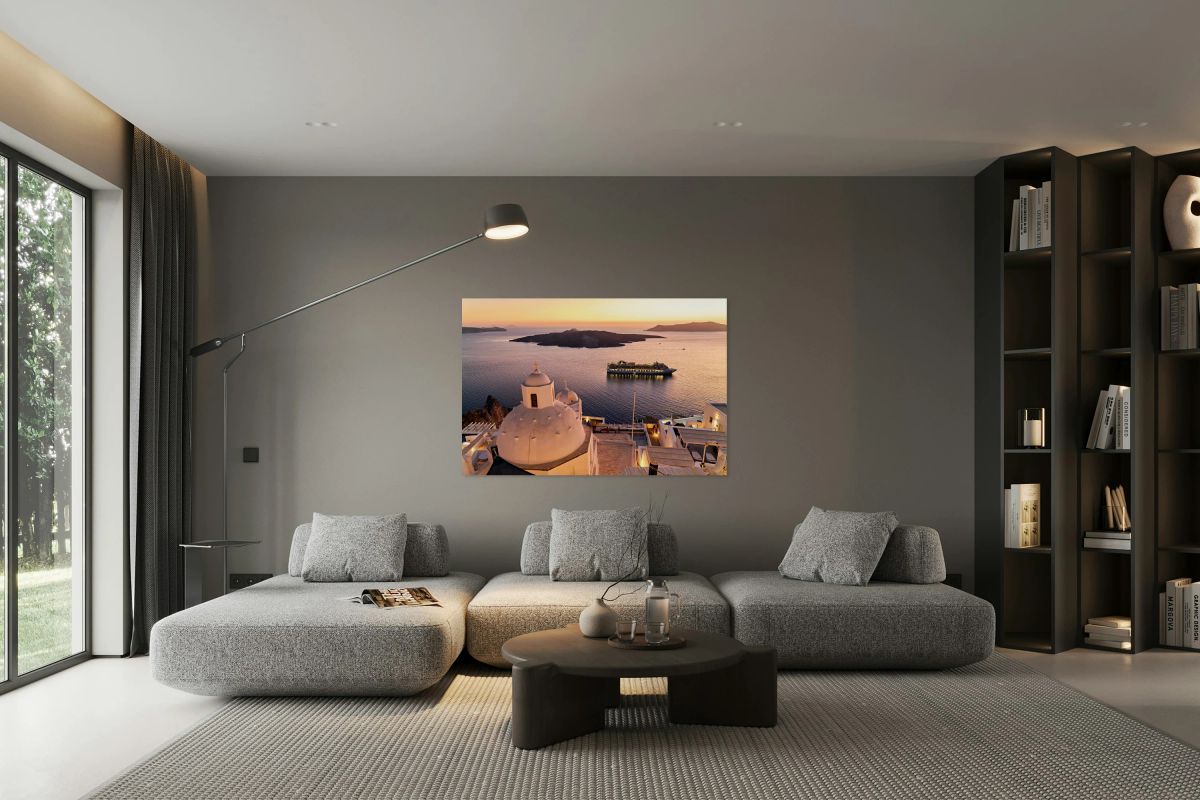 Santorini sunset: cruise ship caldera and white domed churches