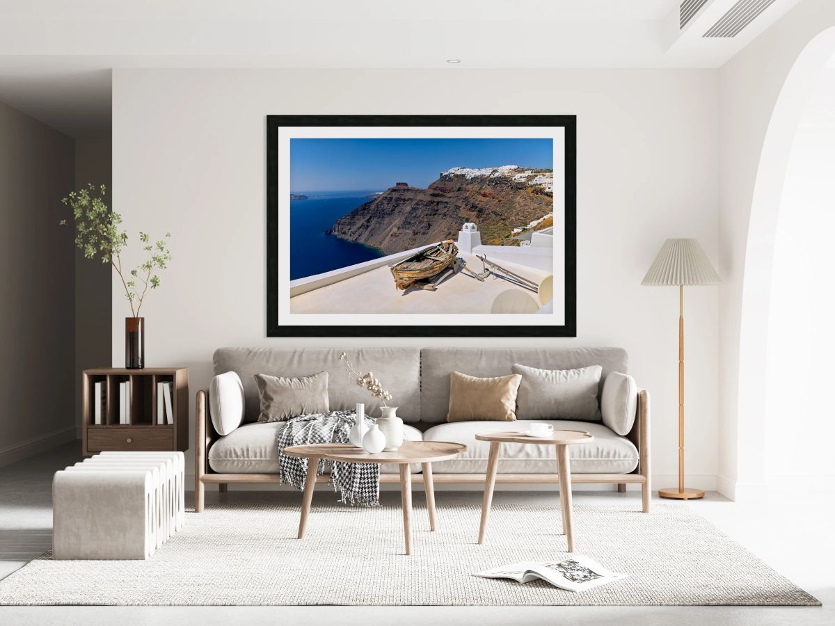 Santorini: Old boat white village and caldera view.