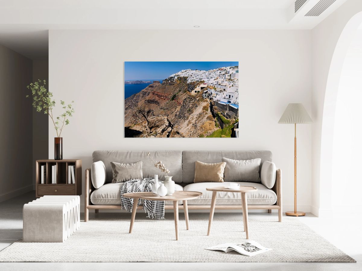 Santorini: White cliffside village and caldera view.