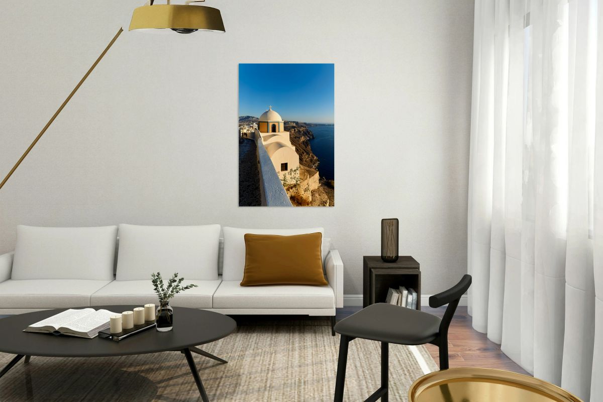 Iconic Santorini church with caldera view.