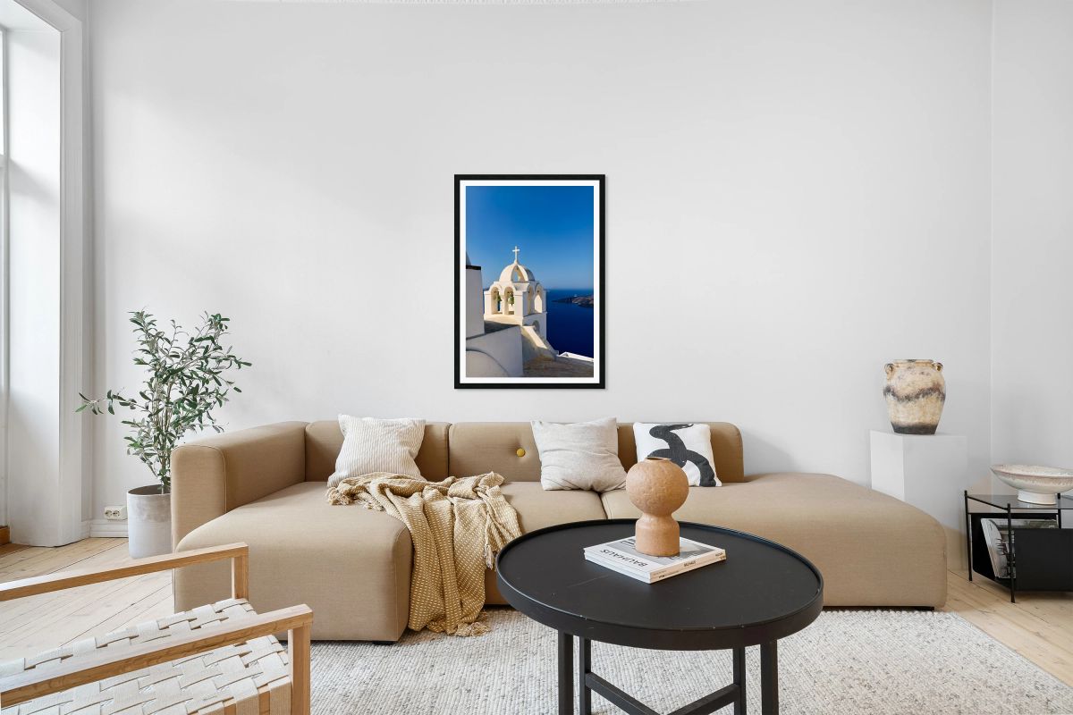 Santorini church bells with caldera view.