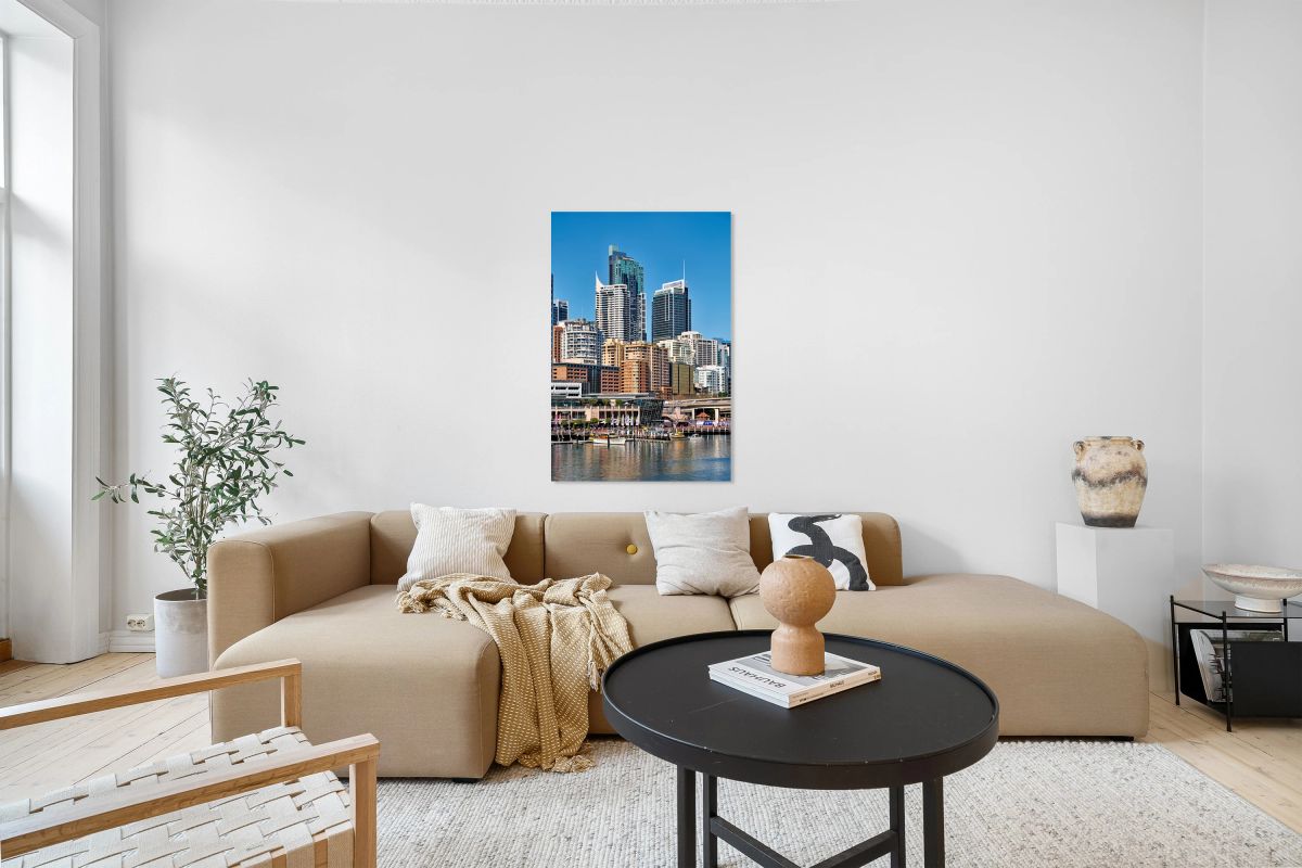 Sydney skyline with Darling Harbour and boats.