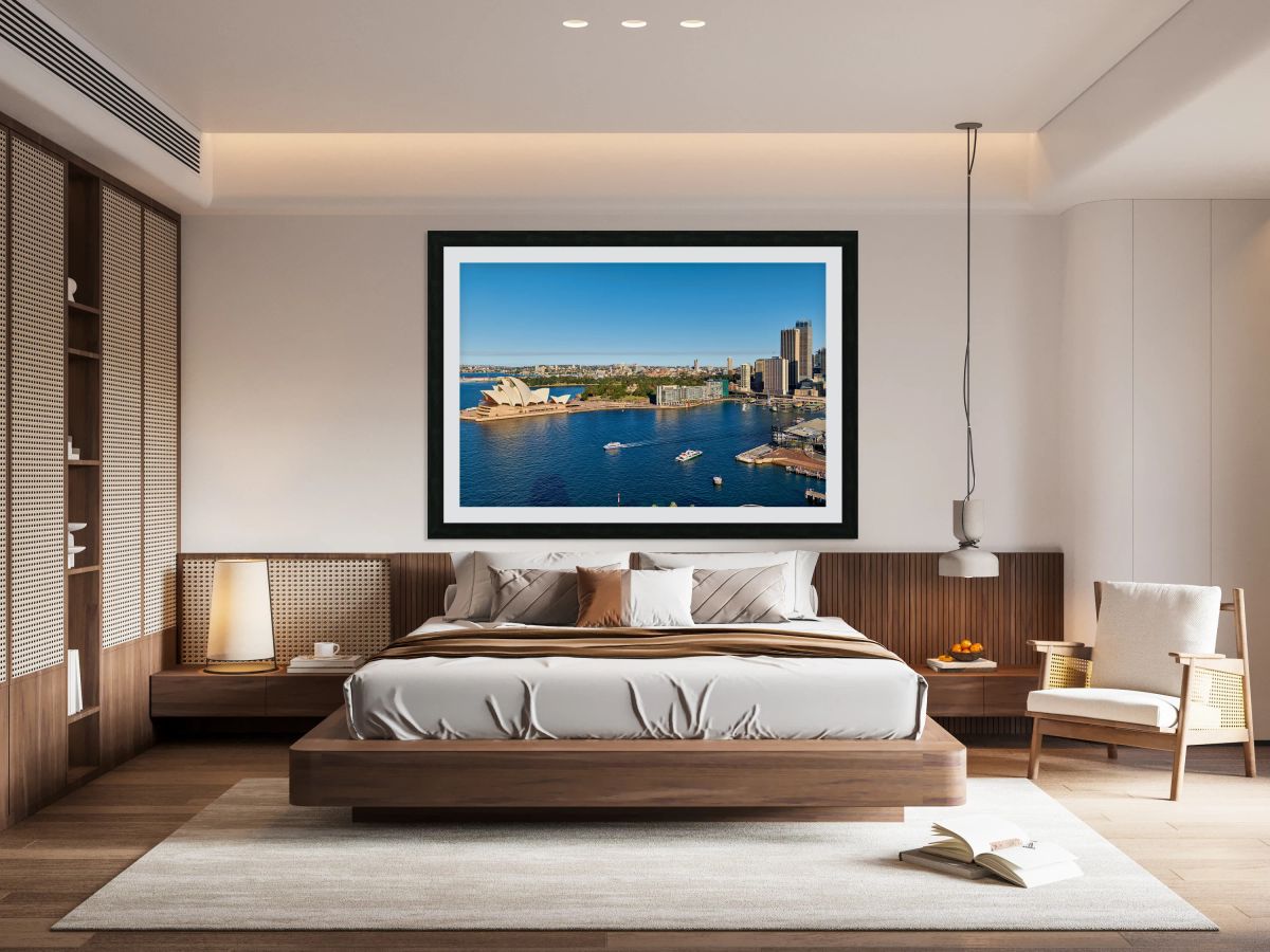 Sydney Opera House and harbor with ferries on a sunny day.