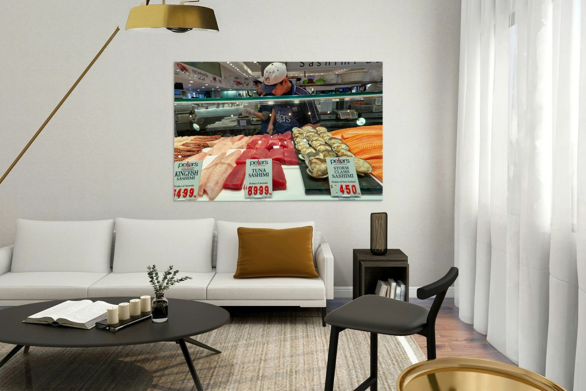 Fresh sashimi and seafood displayed at Peters Fish Market.