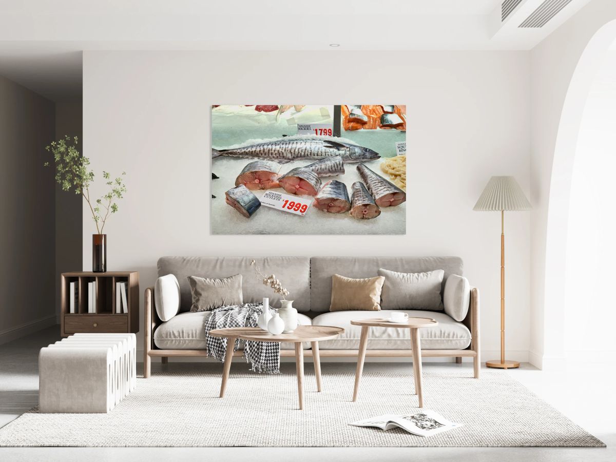 Fresh Spanish Mackerel and Salmon displayed on ice.