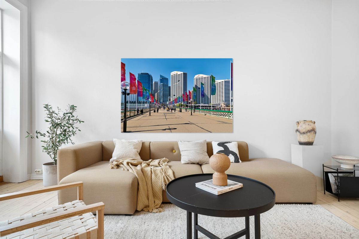 Darling Harbour promenade with flags and city skyline.