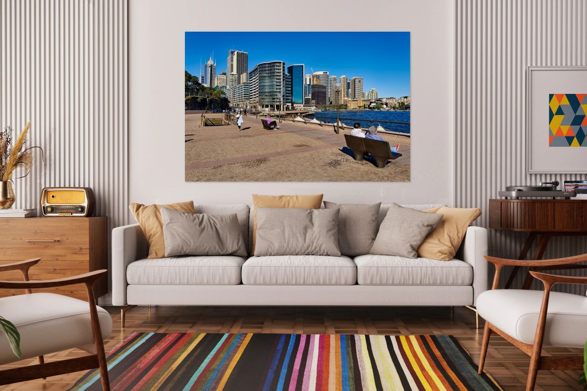 Sydney Harbour skyline with people enjoying the waterfront prome