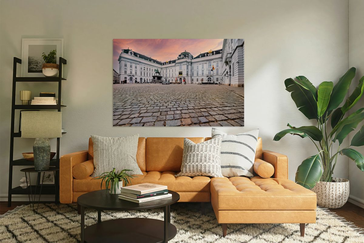 Majestic palace equestrian statue and cobblestone square under