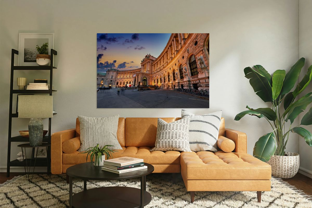 Hofburg Palace Vienna illuminated at dusk.