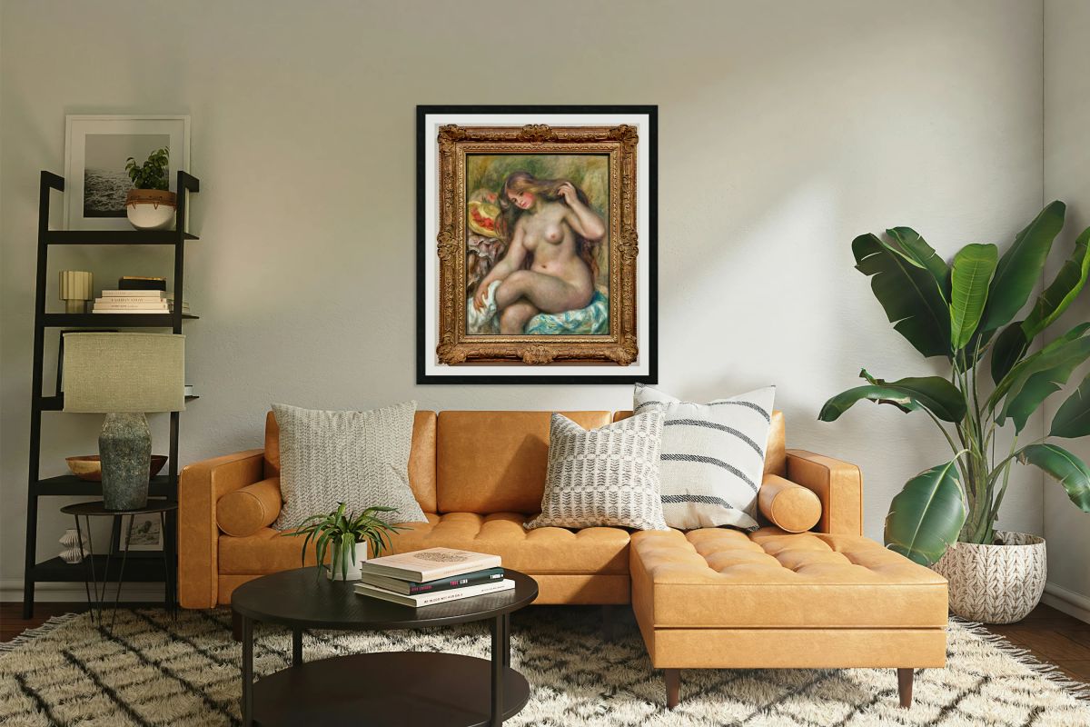 Impressionist painting of a nude woman with long hair.