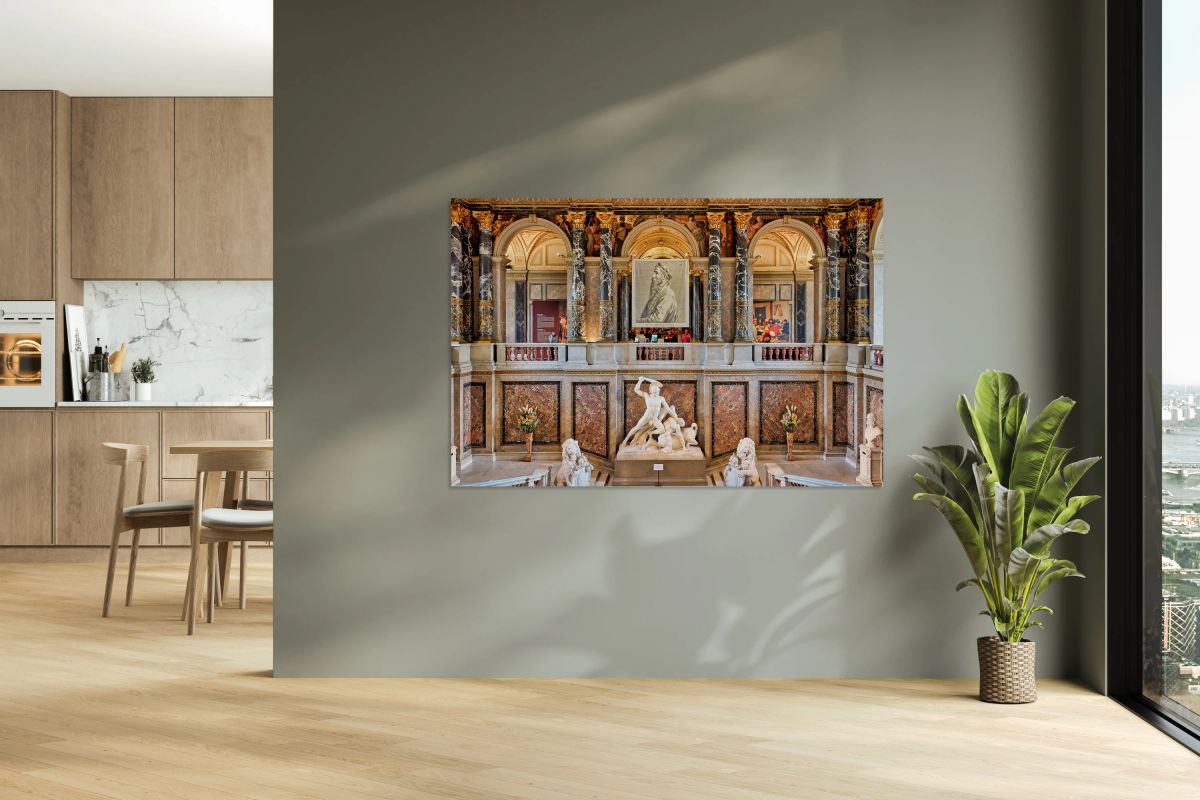 Opulent museum interior with classical statues paintings and m