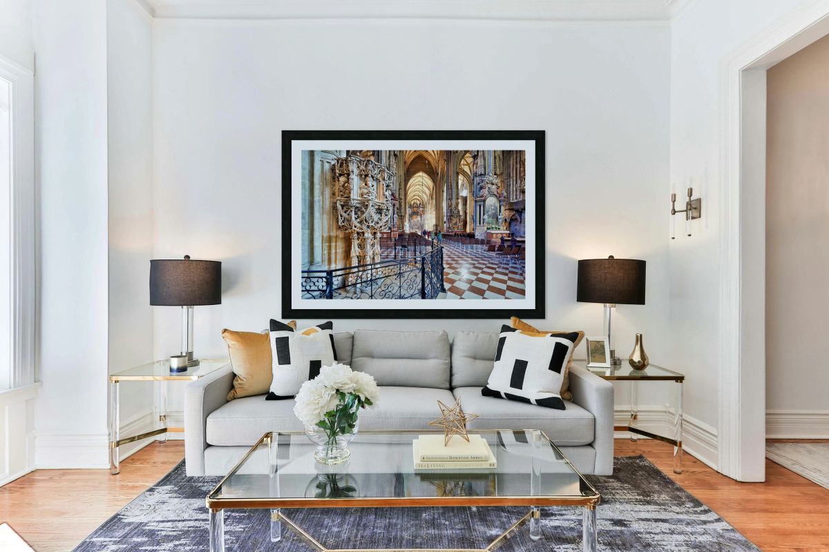 Grand ornate cathedral interior with intricate carvings and vau