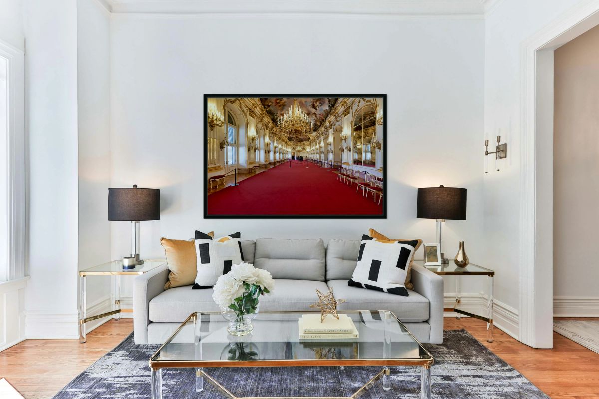 Luxurious palace interior with red carpet chandeliers and orna