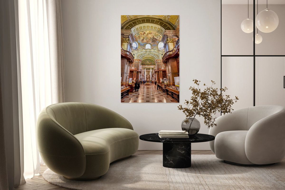 Grand historic library interior with ornate architecture and fre