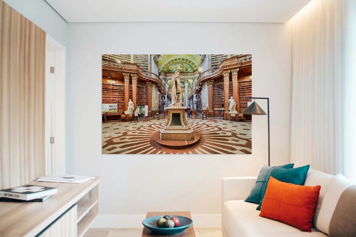 Magnificent baroque library interior with statues books and vi