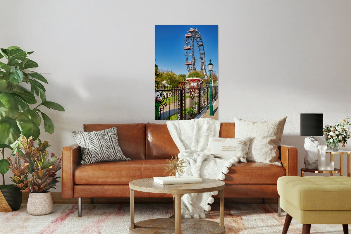 Prater Ferris wheel and carousel under a clear blue sky.