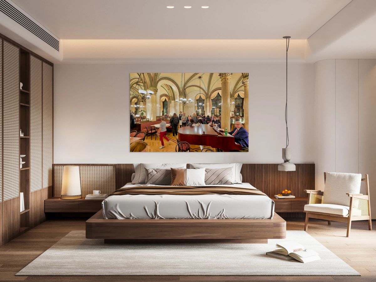 Ornate cafe interior bustling with people and a grand piano.