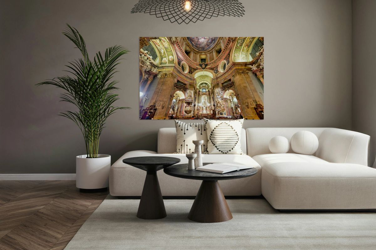 Grand Baroque church interior richly decorated with frescoes an