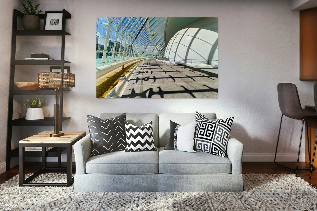 View of Hemisferic in Valencia Spain with shadows on the path