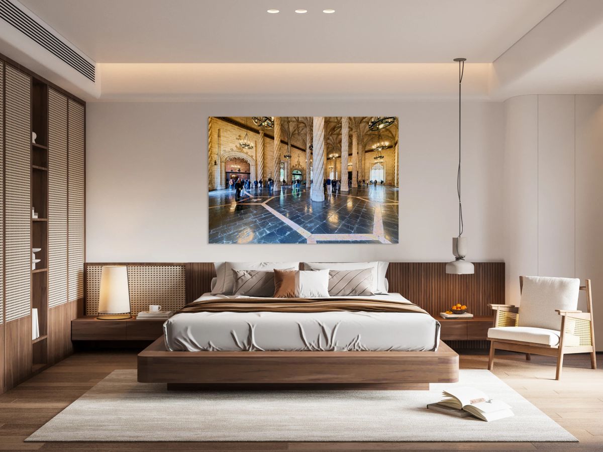 Visitors explore Lonja de la Seda in Valencia Spain