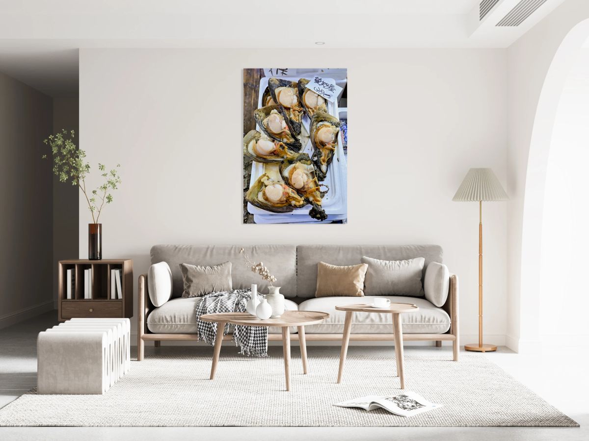 Fresh oysters displayed at the fish market in Tokyo Japan