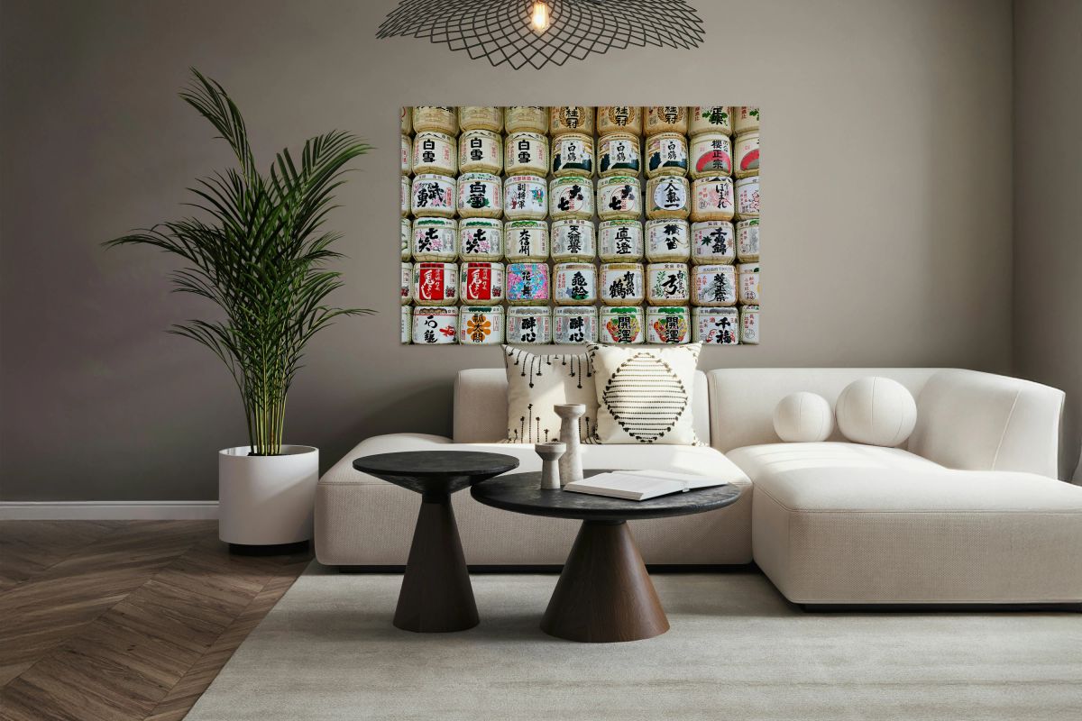 Sake barrels lined up at Meiji Jingu in Tokyo Japan