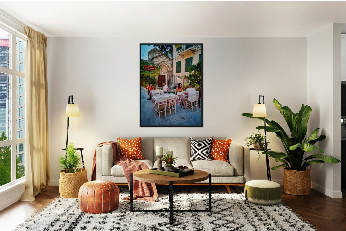 Dining in outdoor setting near church in summer evening