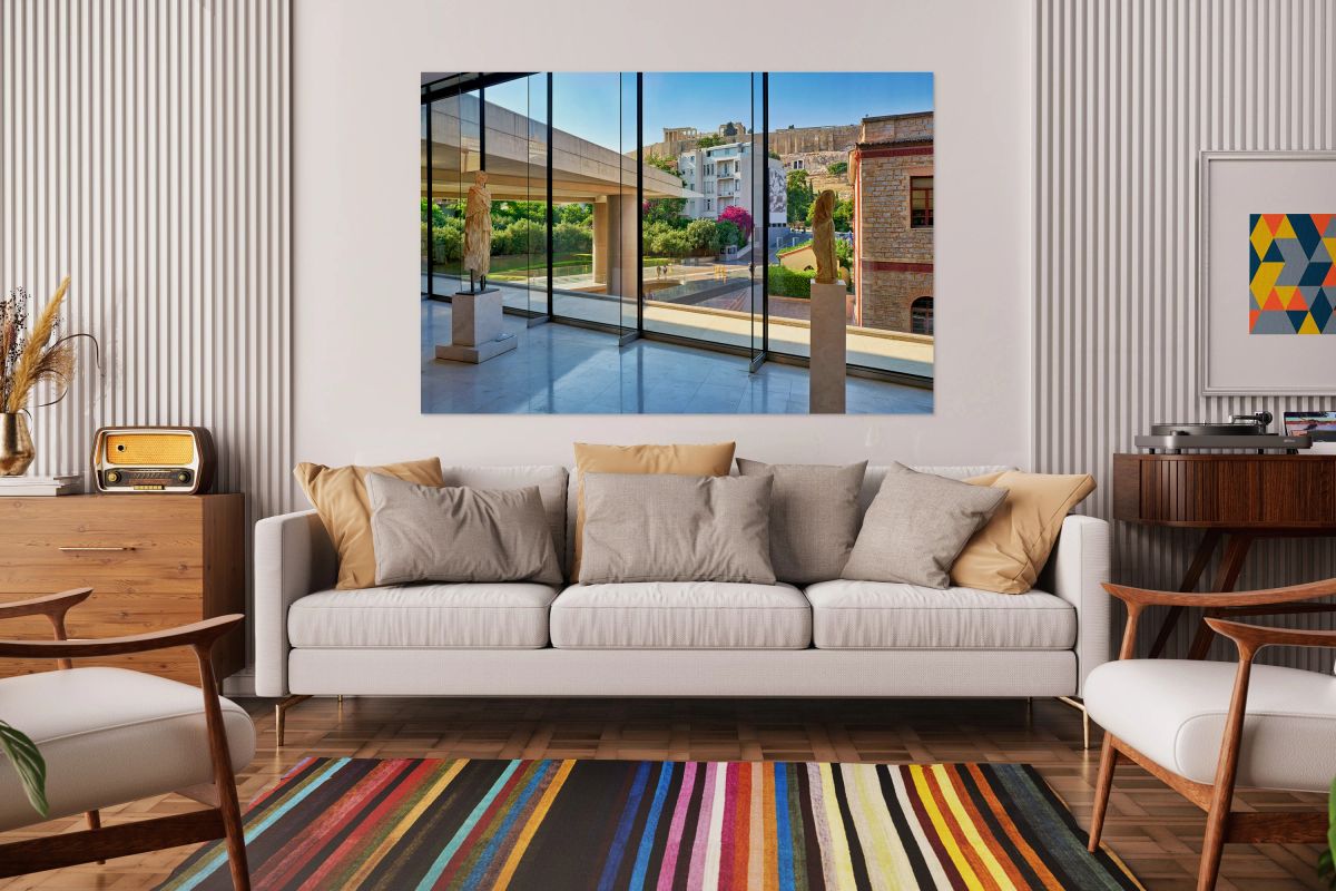 View of the acropolis from the acropolis museum in athens greece