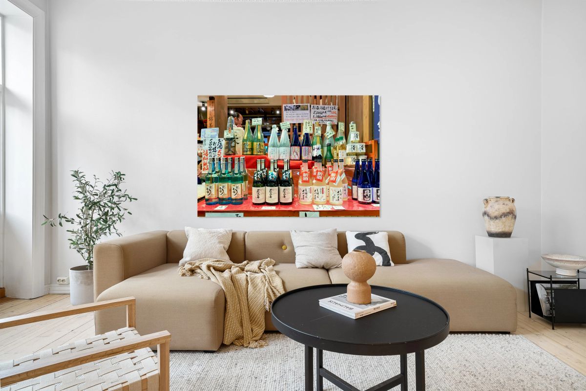 Sake bottles displayed at Nishiki Market in Kyoto Japan