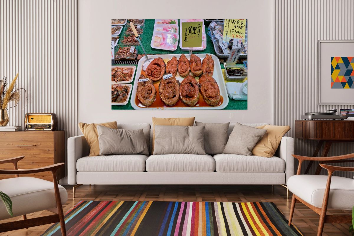 Traditional seafood display at Nishiki Market in Kyoto Japan