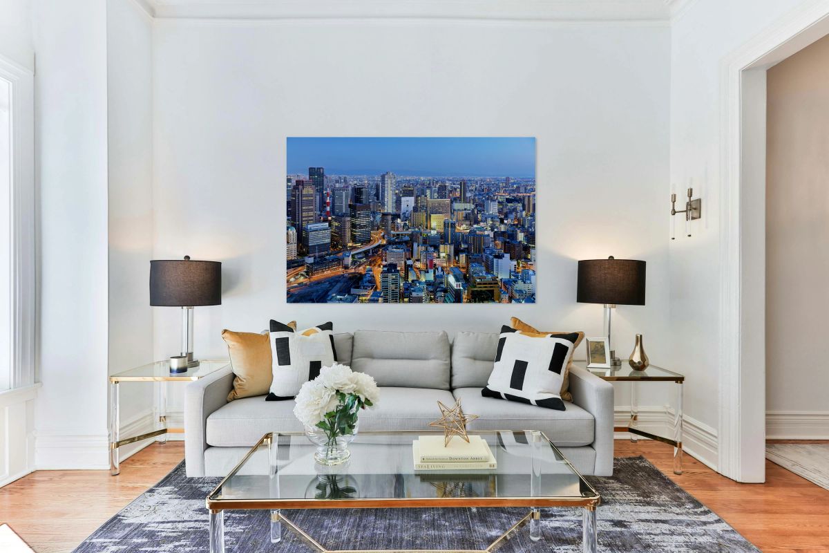 Osaka business financial district view at dusk with city lights