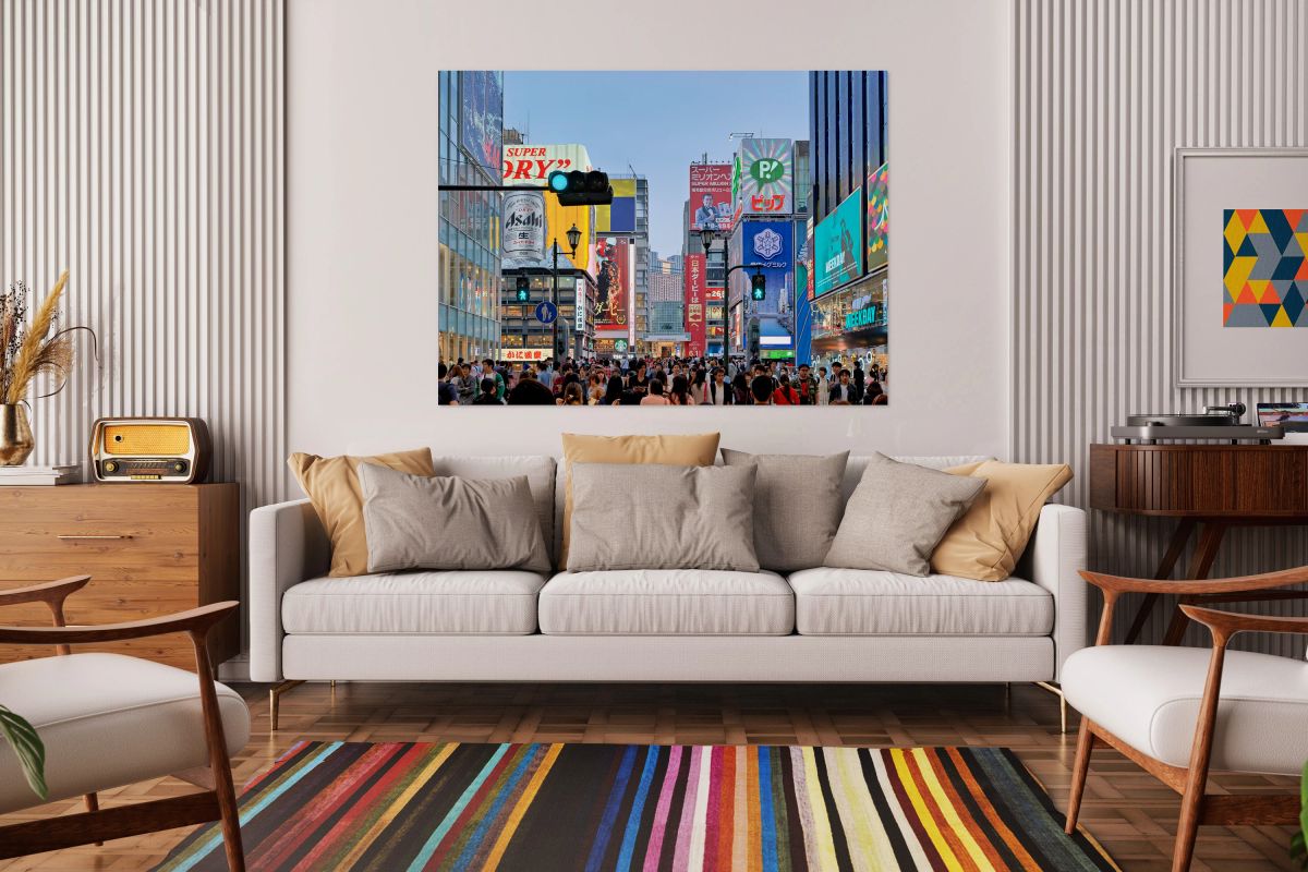 Signboards in Dotonbori District draw crowds during sunset in Os