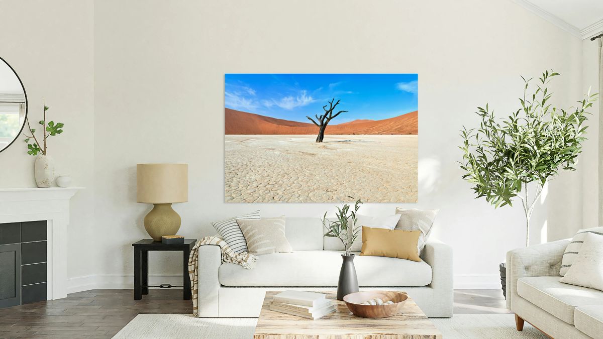 Deadvlei clay pan in Namibia shows a dried landscape and tree